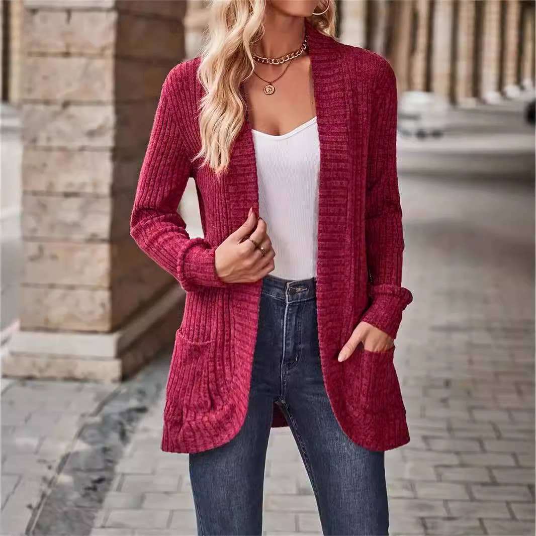 SOLID COLOR WOOLEN PATCHWORK LONG SLEEVE CARDIGAN