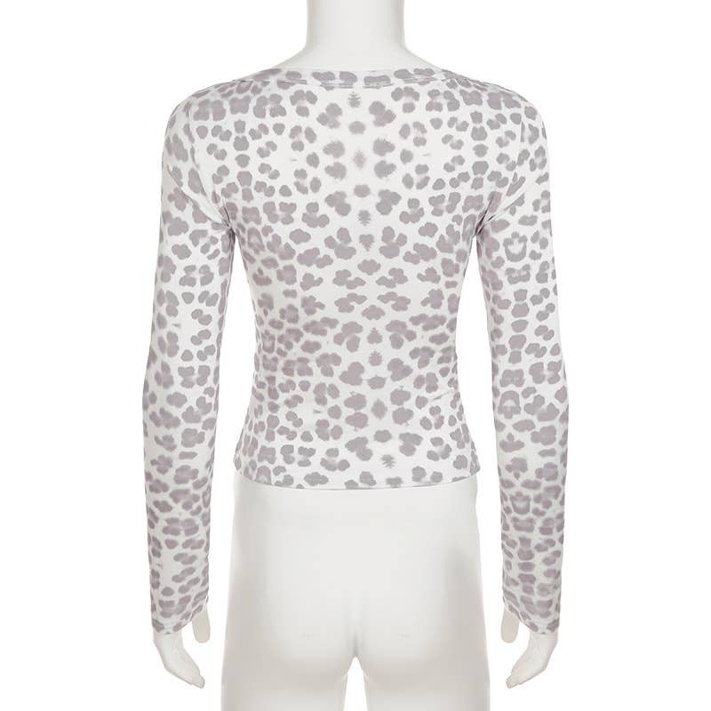 Leopard print lace fake two square collar top