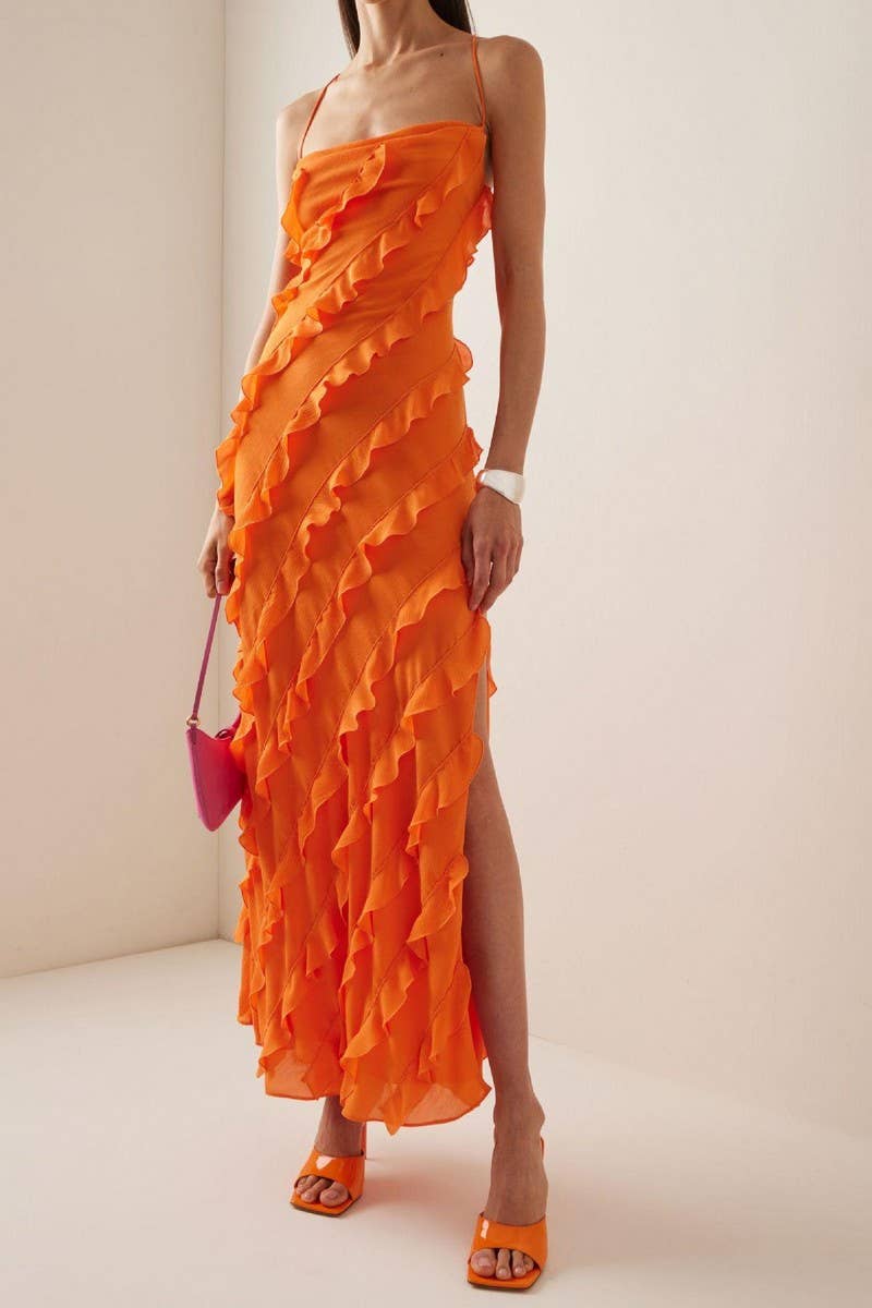 CWDHL0954_SOPHISTICATED SLIT RUFFLE EVENING DRESS
