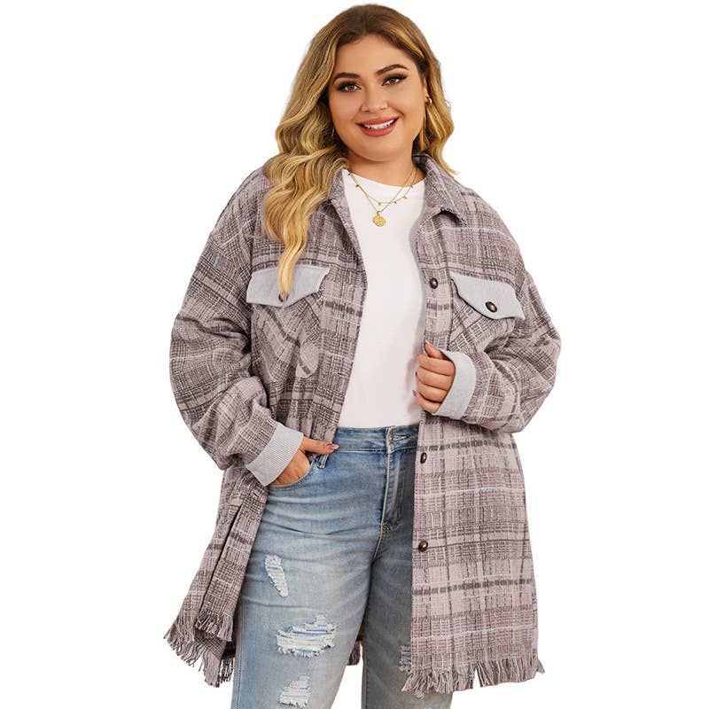 Stylish fringe pocket plaid blouse jacket for women