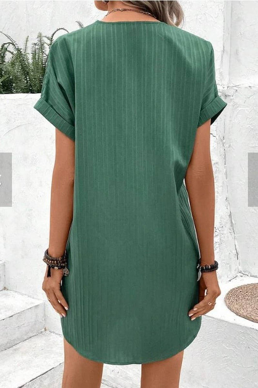 CWDSD6539_V-NECK SOLID COLOR PULLOVER CASUAL BUTTON DRESS