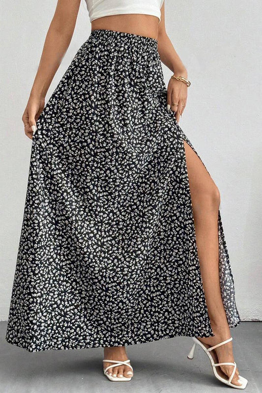 Floral printed high slit long skirt