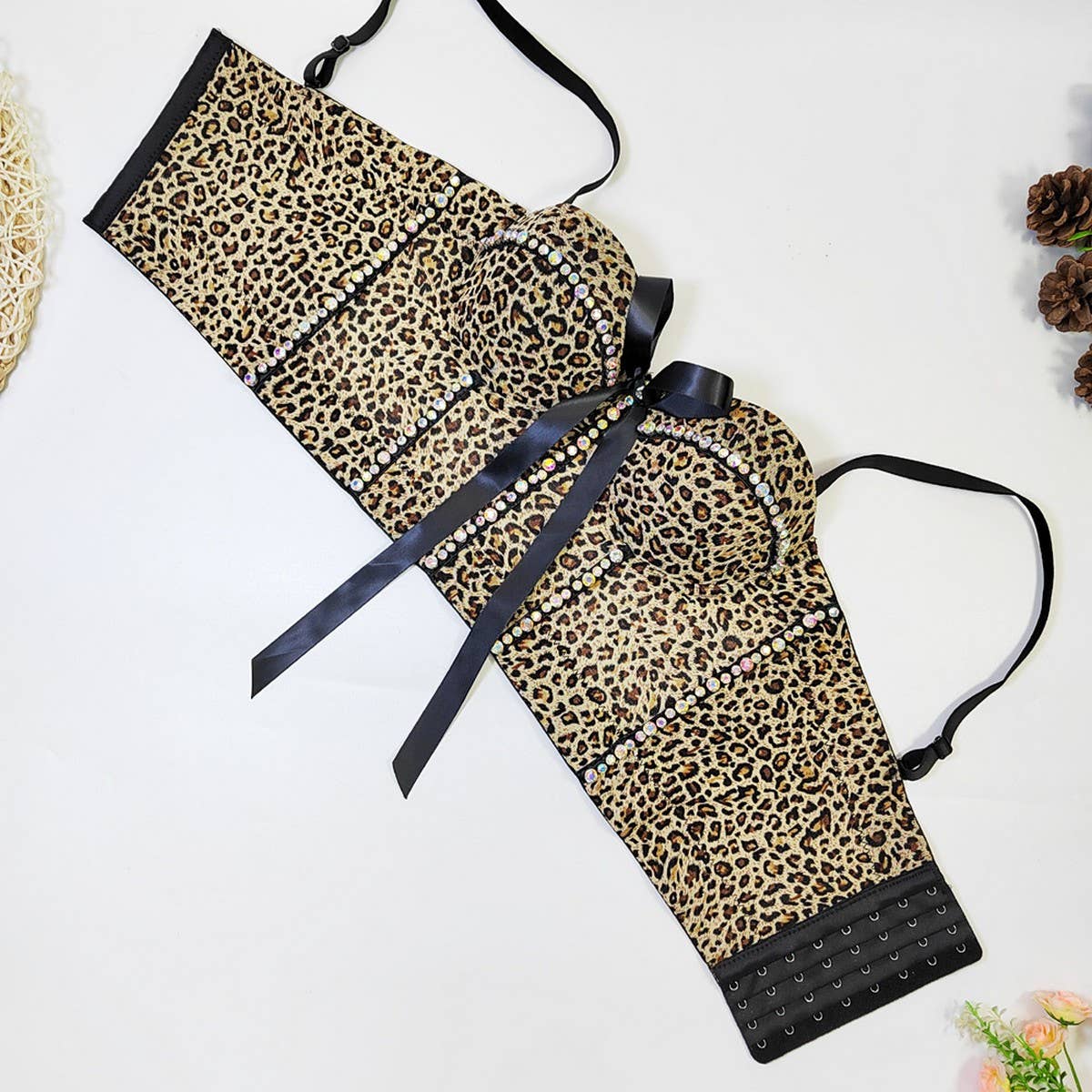 LEOPARD PRINT BOW HERRINGBONE BRA WITH RHINESTONES