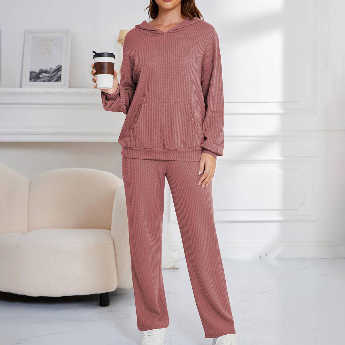 WAFFLE TWO-PIECE LOUNGEWEAR WITH LONG SLEEVES