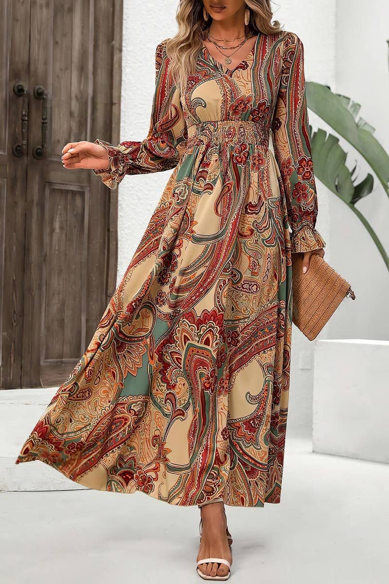 CWDMD4100_PRINTED V-NECK LONG-SLEEVED SWING DRESS