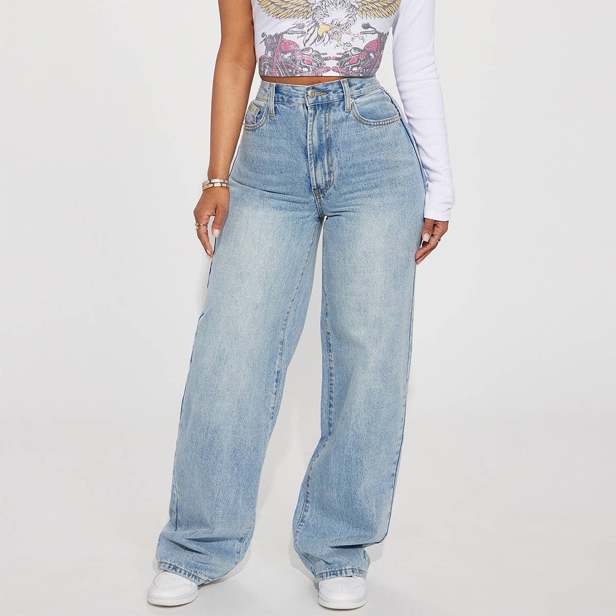 Casual high-waisted design washed denim trousers