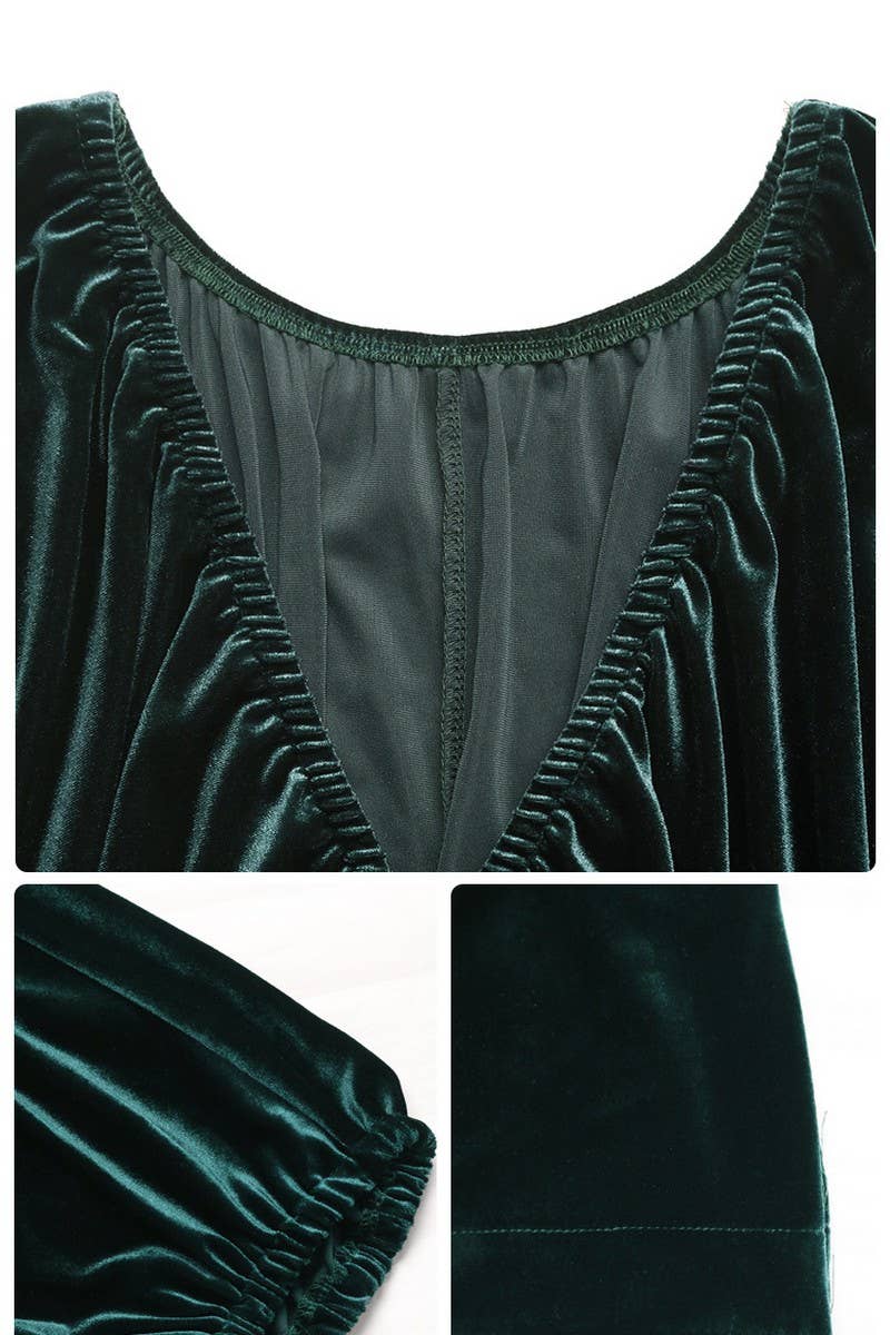 CWDSD10595_LANTERN SLEEVES SHIRRED DEEP V NECK VELVET DRESS