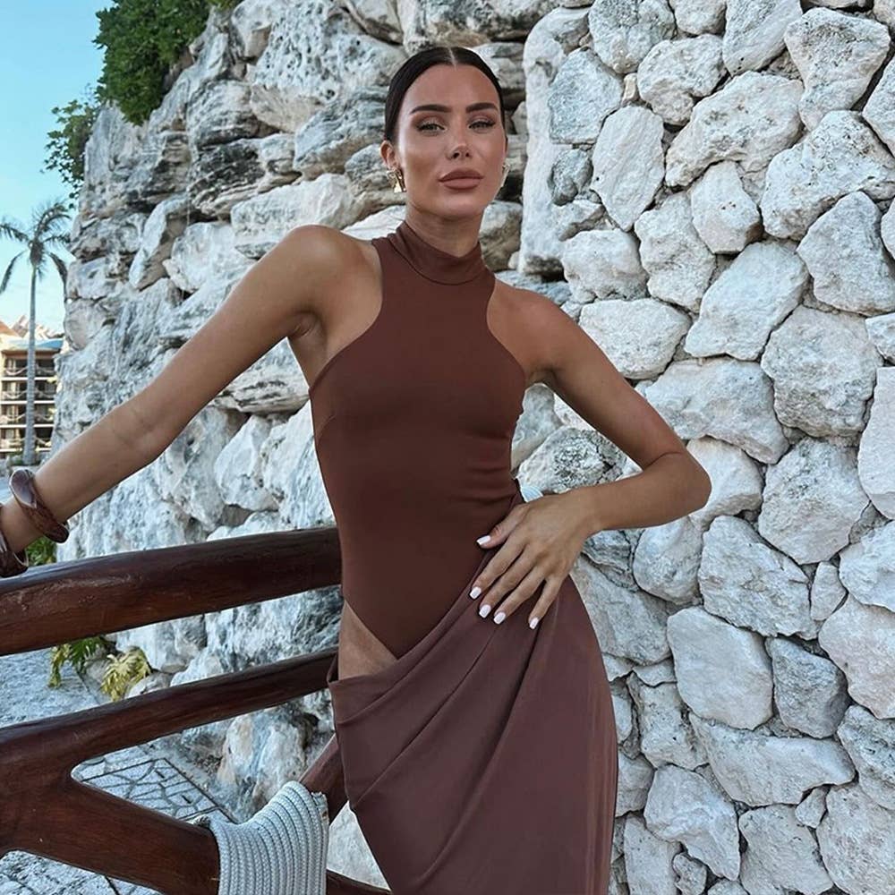 Slim-fitting patchwork slim-fitting cutout dress