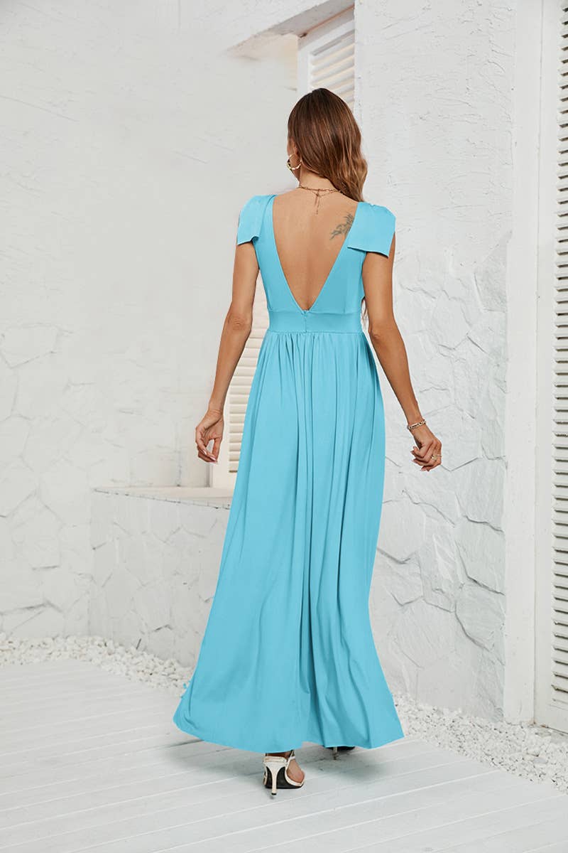 Solid color V-neck dress with waist drop