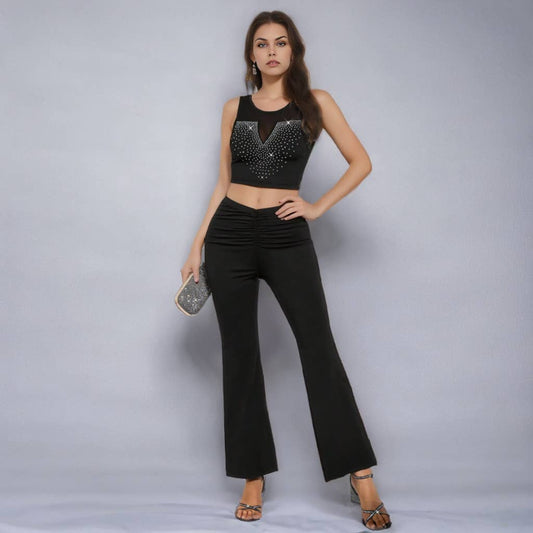 Sleeveless rhinestone top with flared pants set