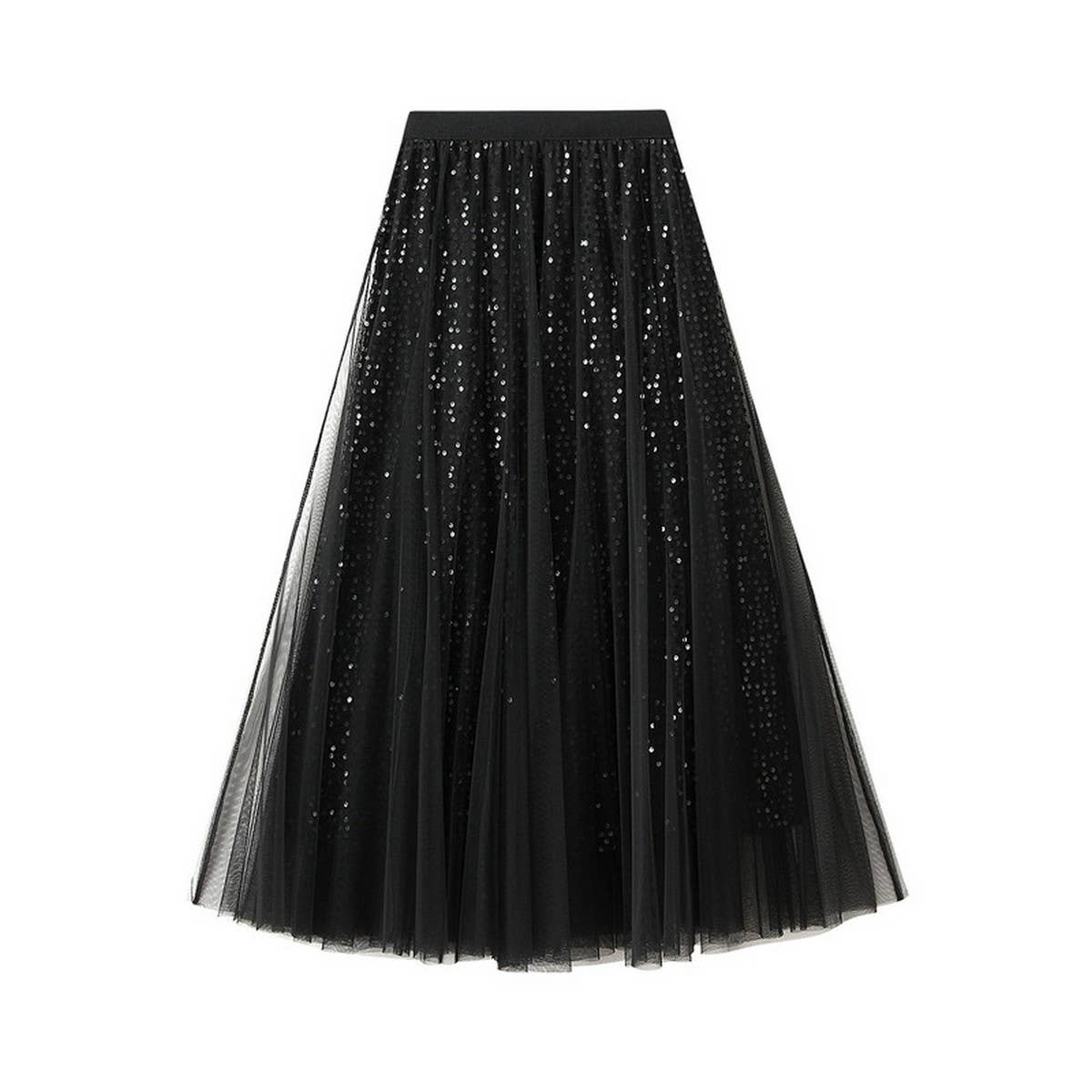 Sequin Tulle A-Line Maxi Skirt with Flowing Drape