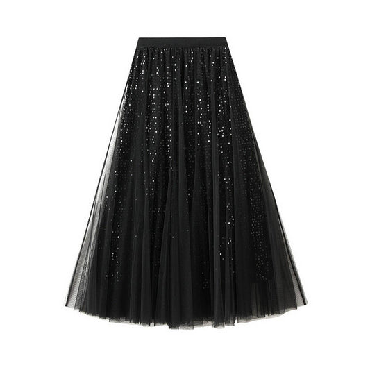 Sequin Tulle A-Line Maxi Skirt with Flowing Drape