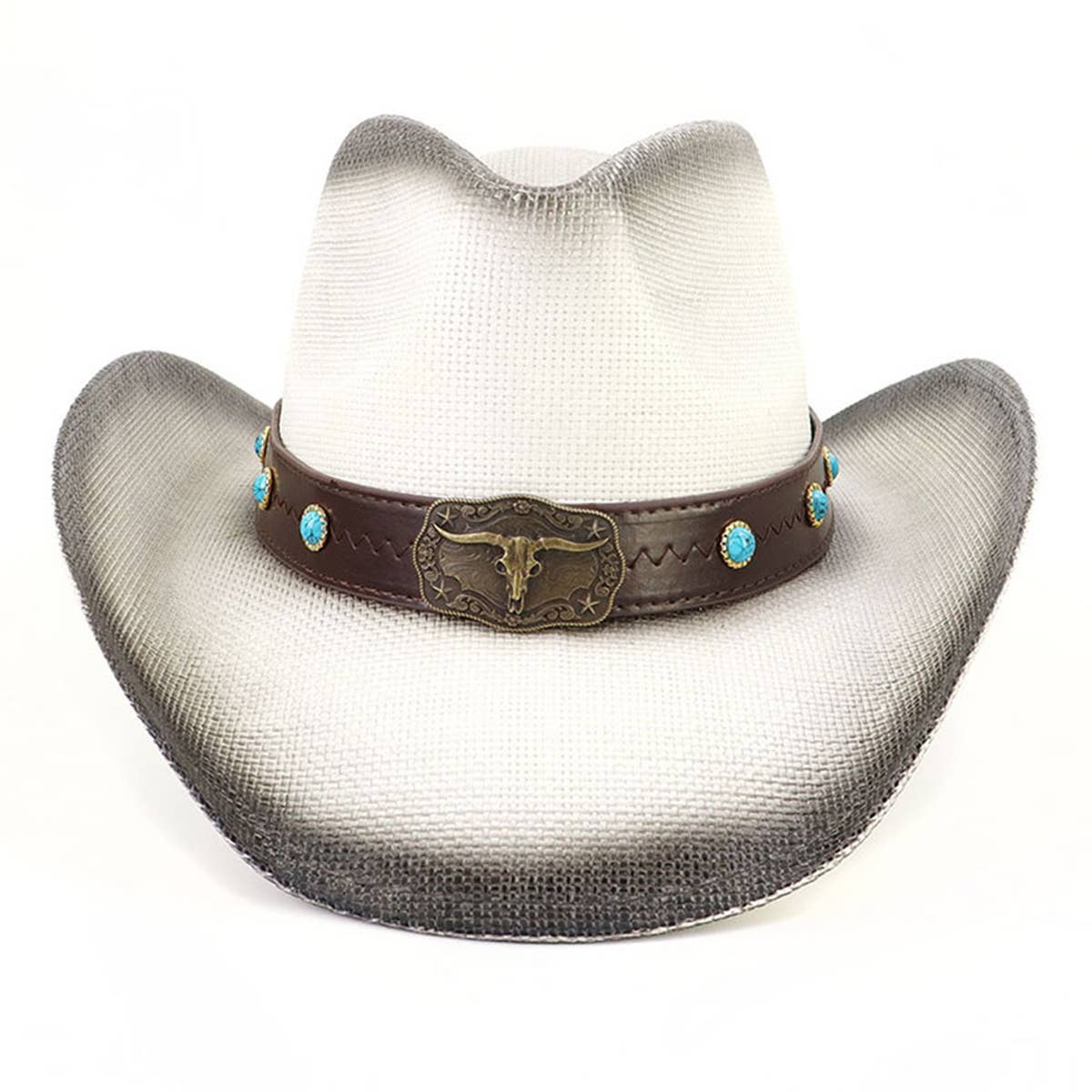 Western Straw Cowboy Hat with Bull Head,Turquoise_CWAH0684