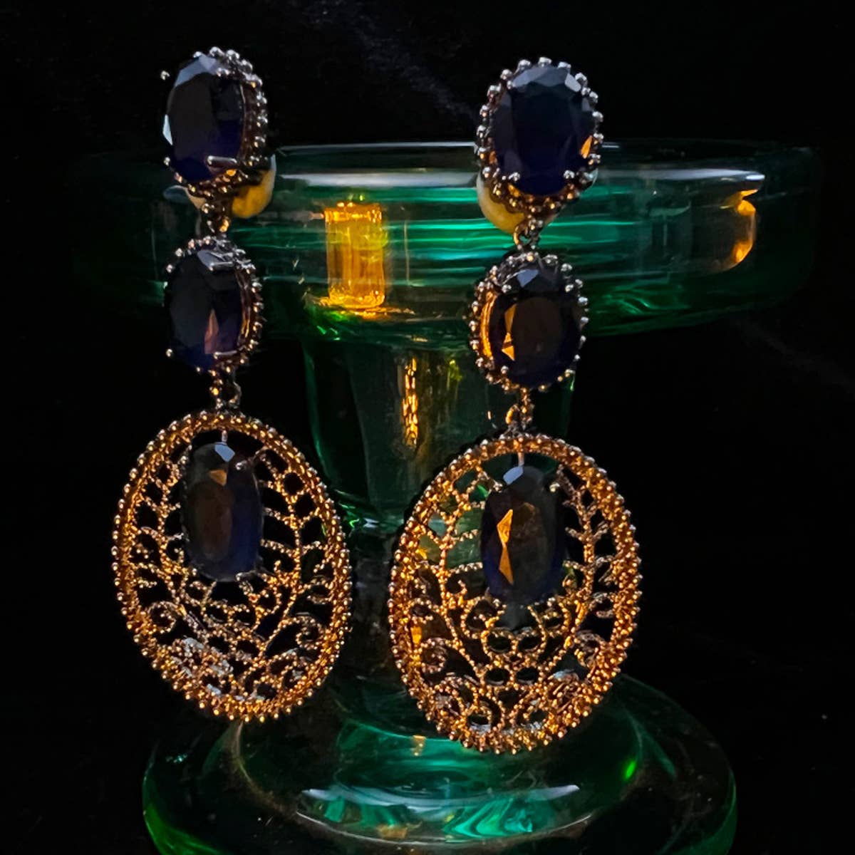 HOLLOW DARK BLUE CZECH DIAMOND EARRINGS