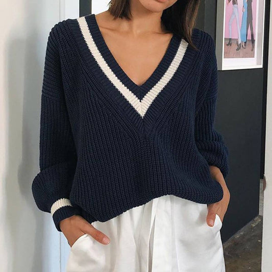 Fashion color-blocking patchwork knitted sweater