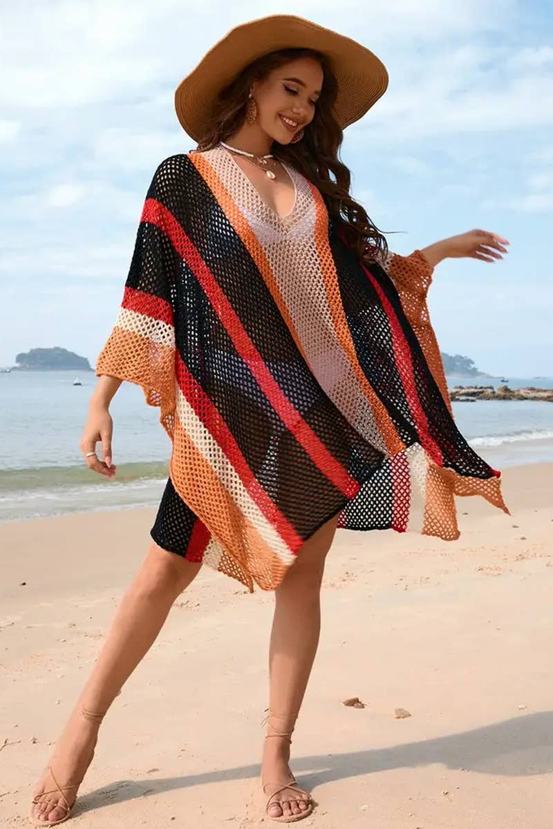 CWDSD7357_SPLICED   HOLLOW BEACH DRESS LOOSE BIKINI COVER UP