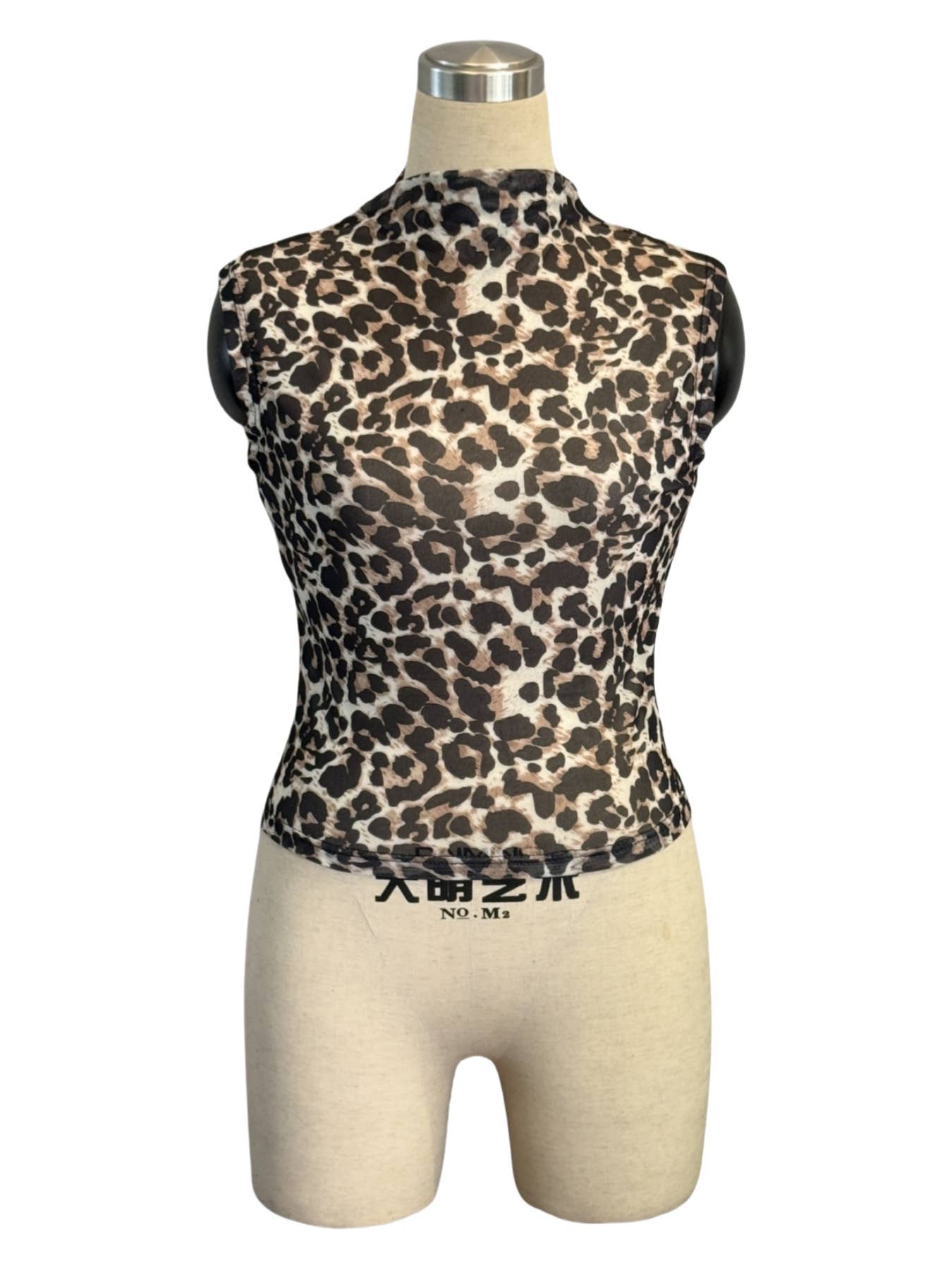 Sleeveless leopard print stand-up collar T-shirt