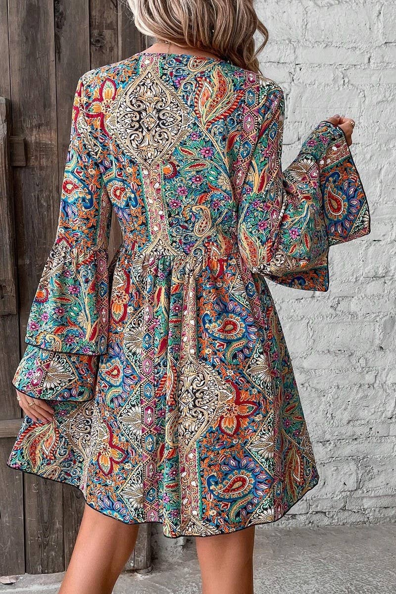 CWDSD6860_FLORAL PRINT V NECK BELL SLEEVE DRESS