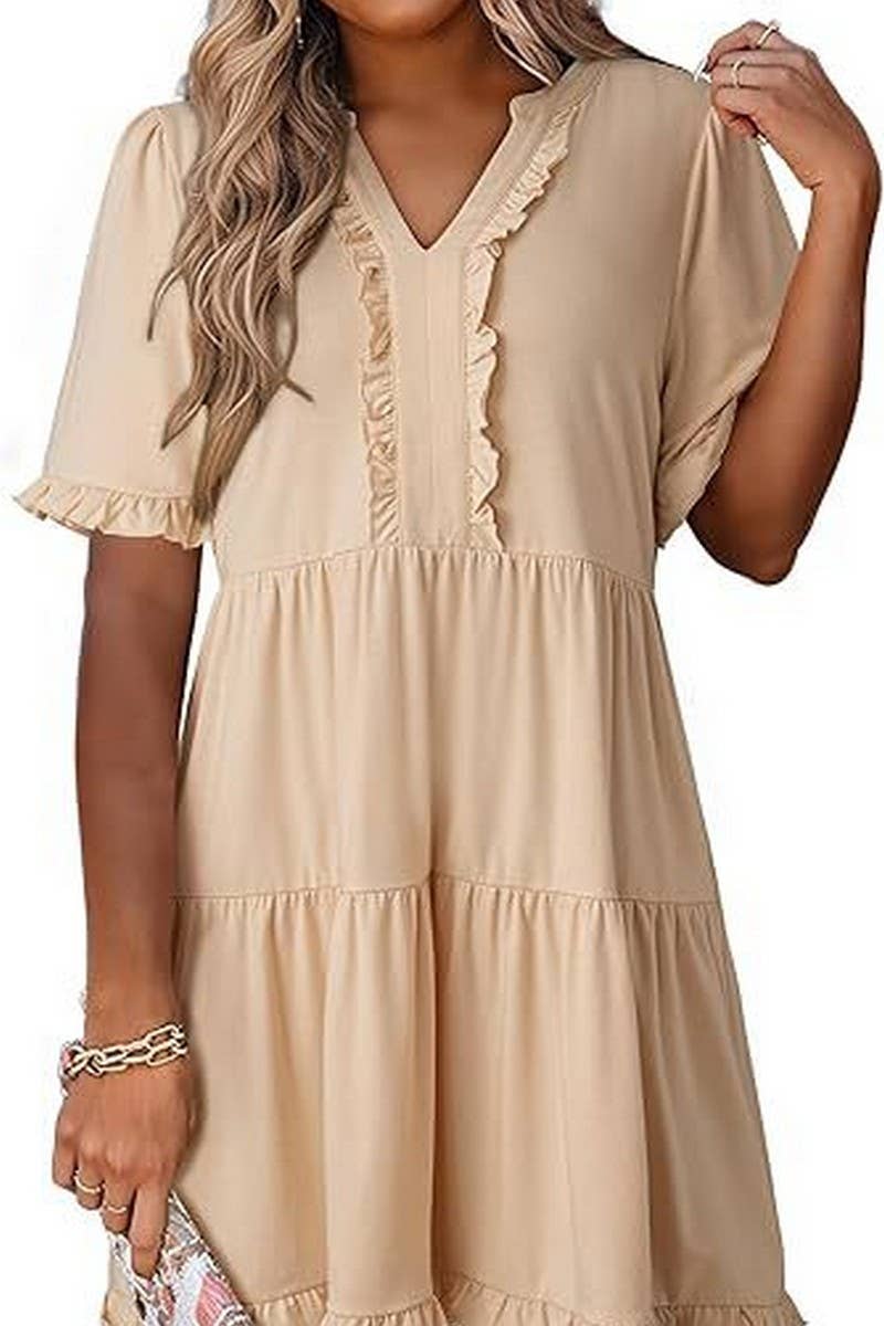 CWDSD8780_V-NECK SHORT-SLEEVED CASUAL A-LINE RUFFLED MINI DR