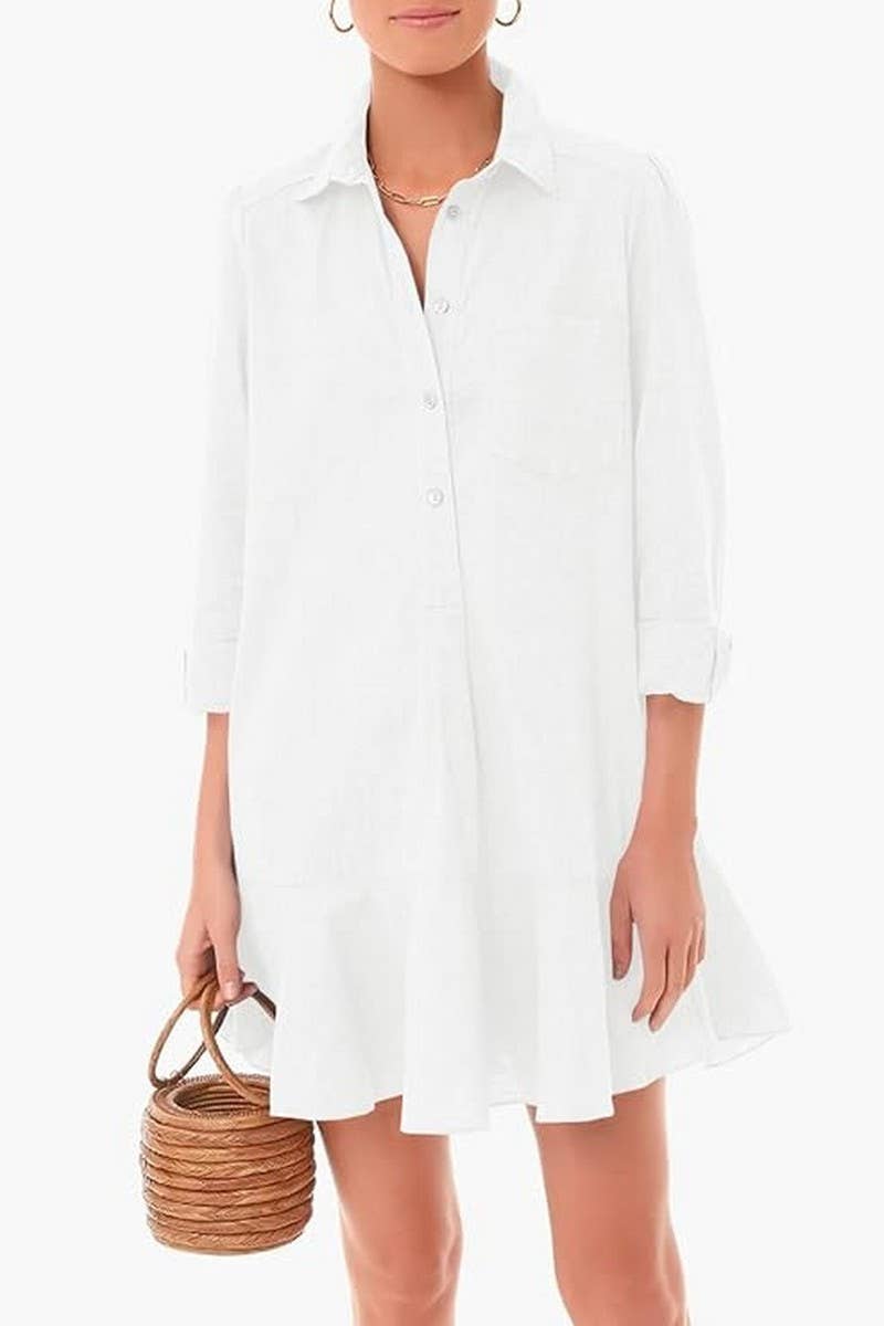 CWDSD8254_LONG SLEEVE SHIRT HEM RUFFLE DRESS