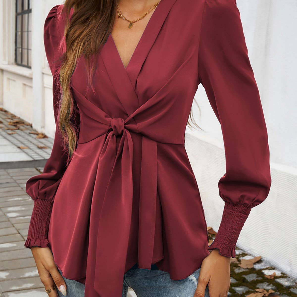 Temperament casual V-neck long sleeve shirt