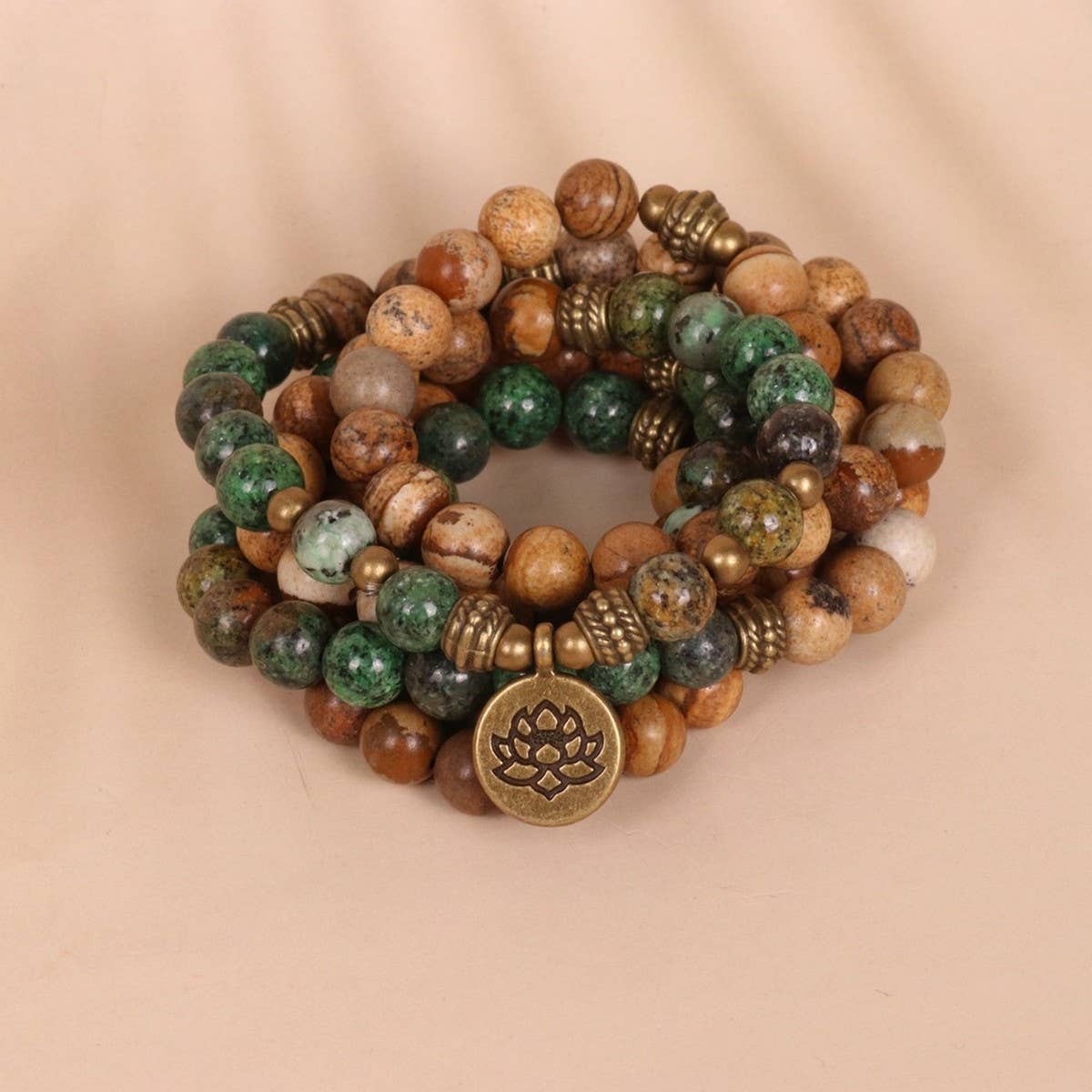LOTUS PENDANT 108 AFRICAN PINE BEADED BRACELET