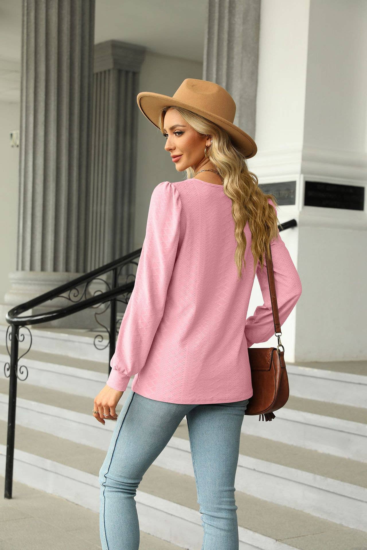 SQUARE COLLAR JACQUARD LONG-SLEEVED LOOSE T-SHIRT