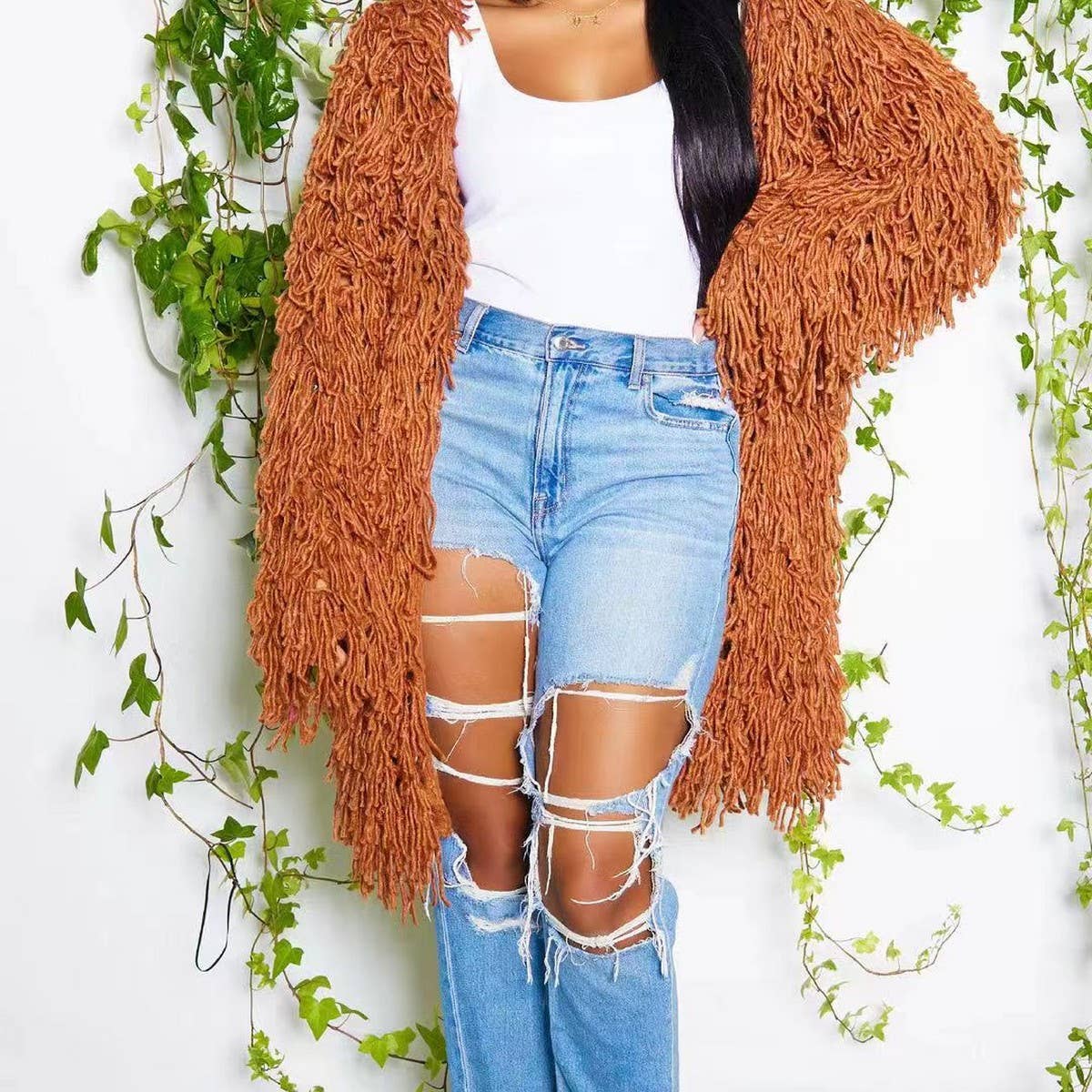 WOMEN FASHION HOLLOWED OUT TASSEL CARDIGAN