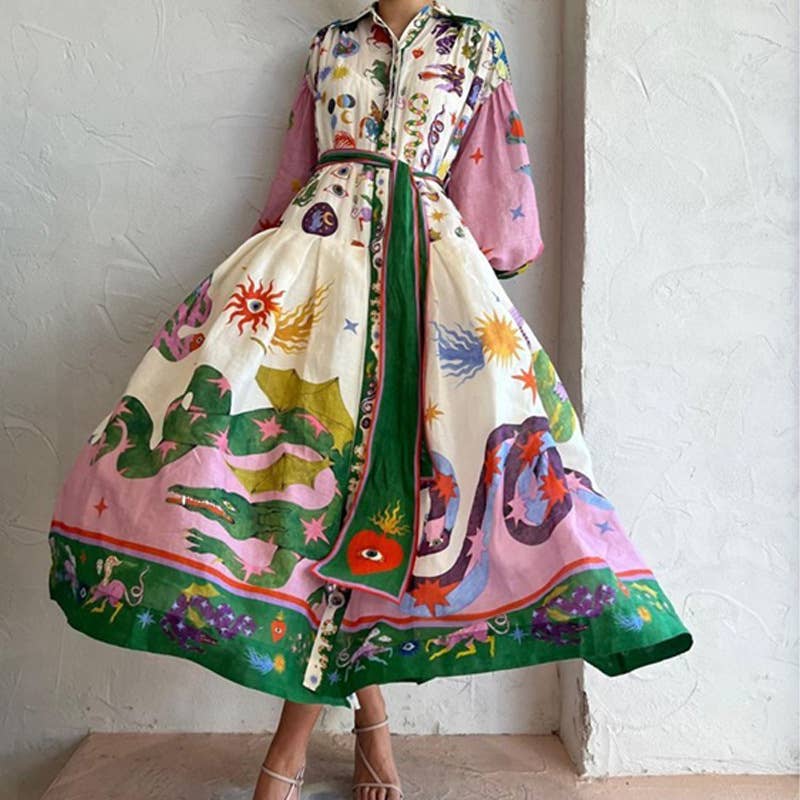 LANTERN SLEEVE PRINTED LAPEL LONG-SLEEVED DRESS