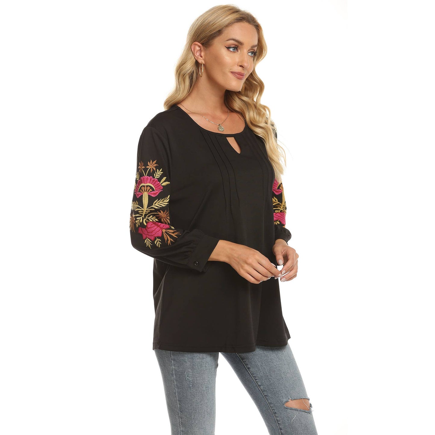 Three-dimensional flower-embroidered top