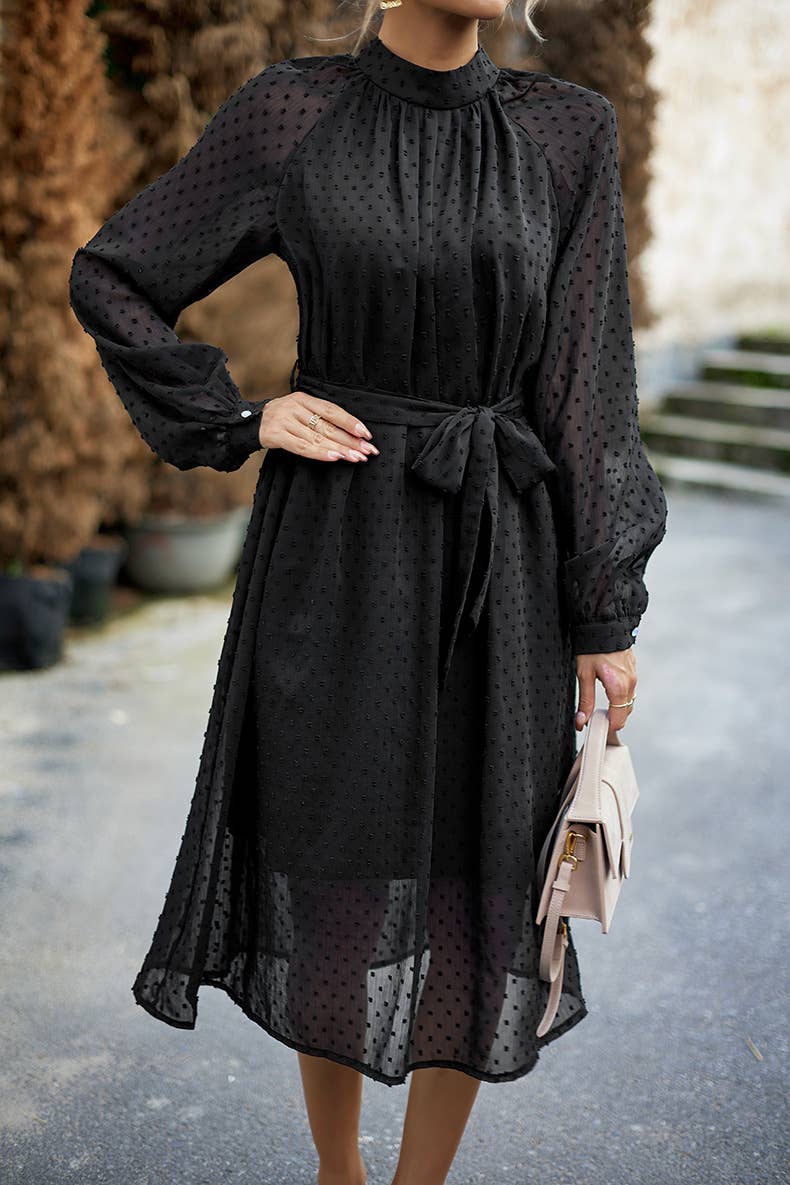 JACQUARD MESH LACE-UP WAIST ROUND NECK LONG DRESS