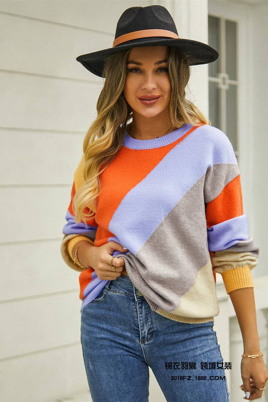Cwoswl3145_Striped Contrast Panel Crew Neck Knitted Sweater