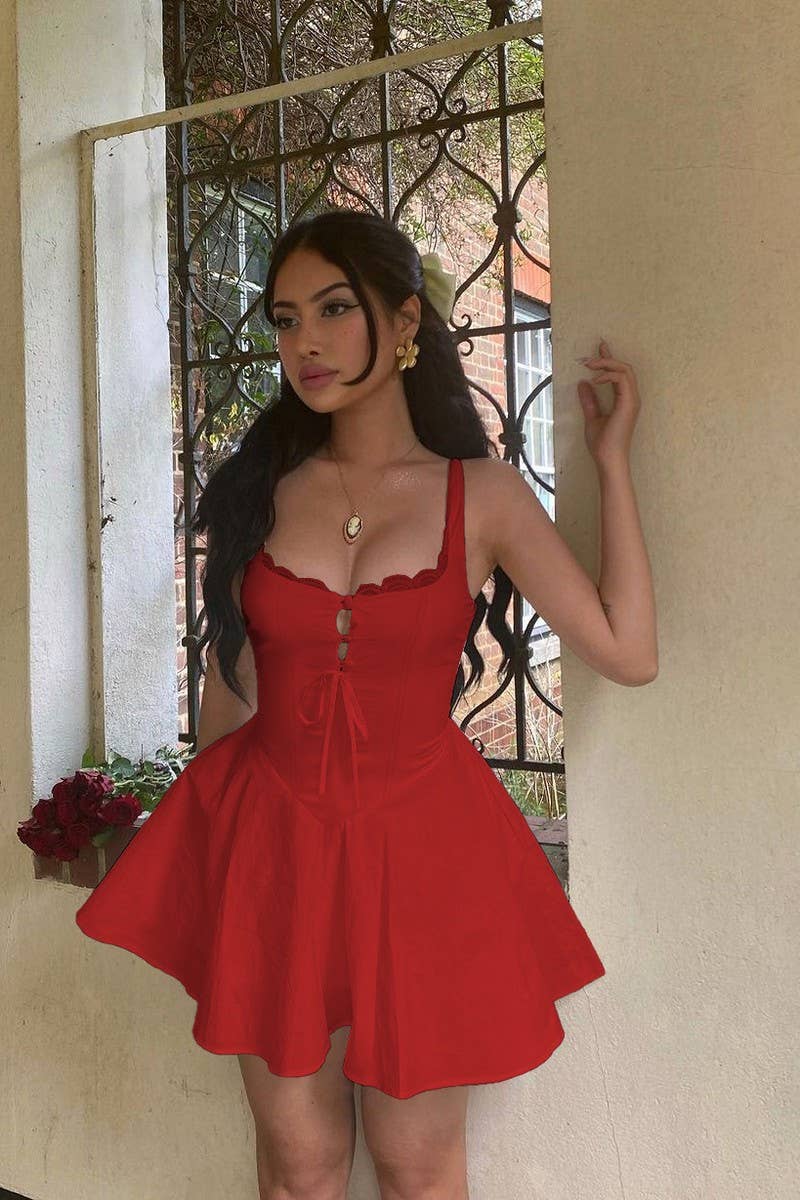 CWDSD6719_PURE COLOR TEMPERAMENT SEXY SUSPENDER DRESS