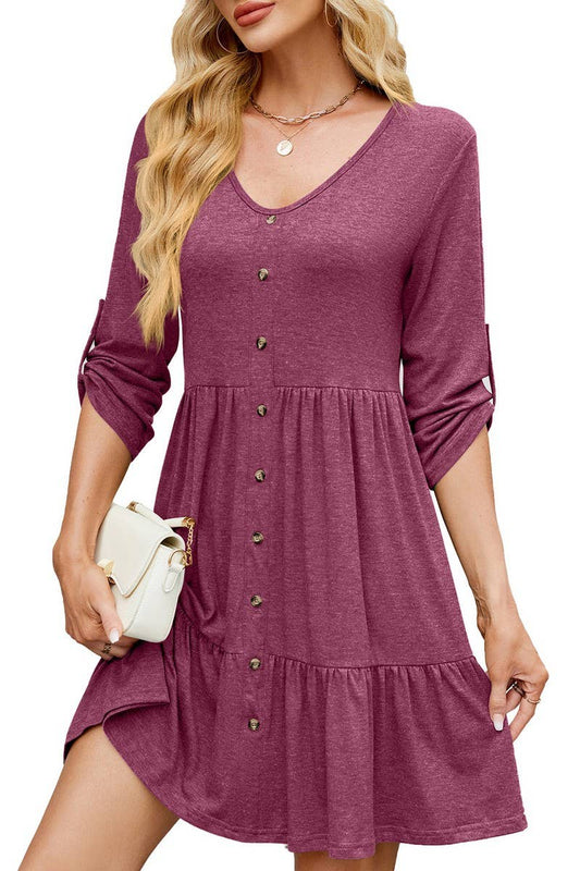 CWDSD7285_ROUND NECK BUTTON GATHERED ELBOW SLEEVE DRESS