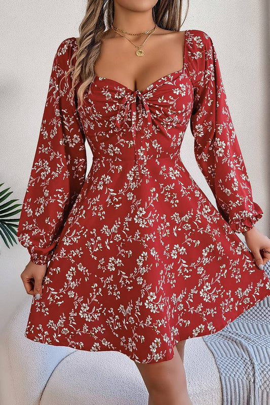 CWDSD5763_TIE UP SQUARE NECK FLORAL LONG SLEEVE DRESS