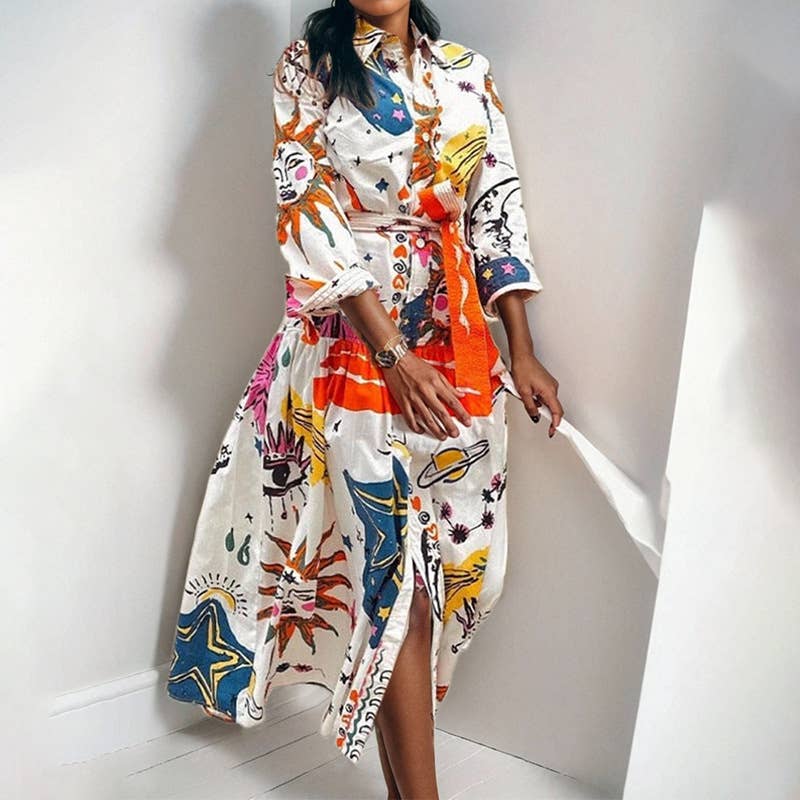 WHIMSICAL PAINTED PATTERN SIDE SLIT PRINTED DRESS