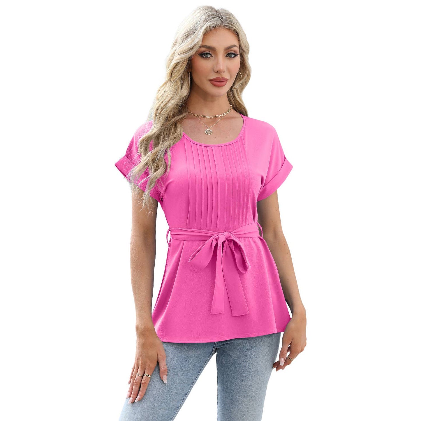 Ruffled round neck short sleeved casual shirt