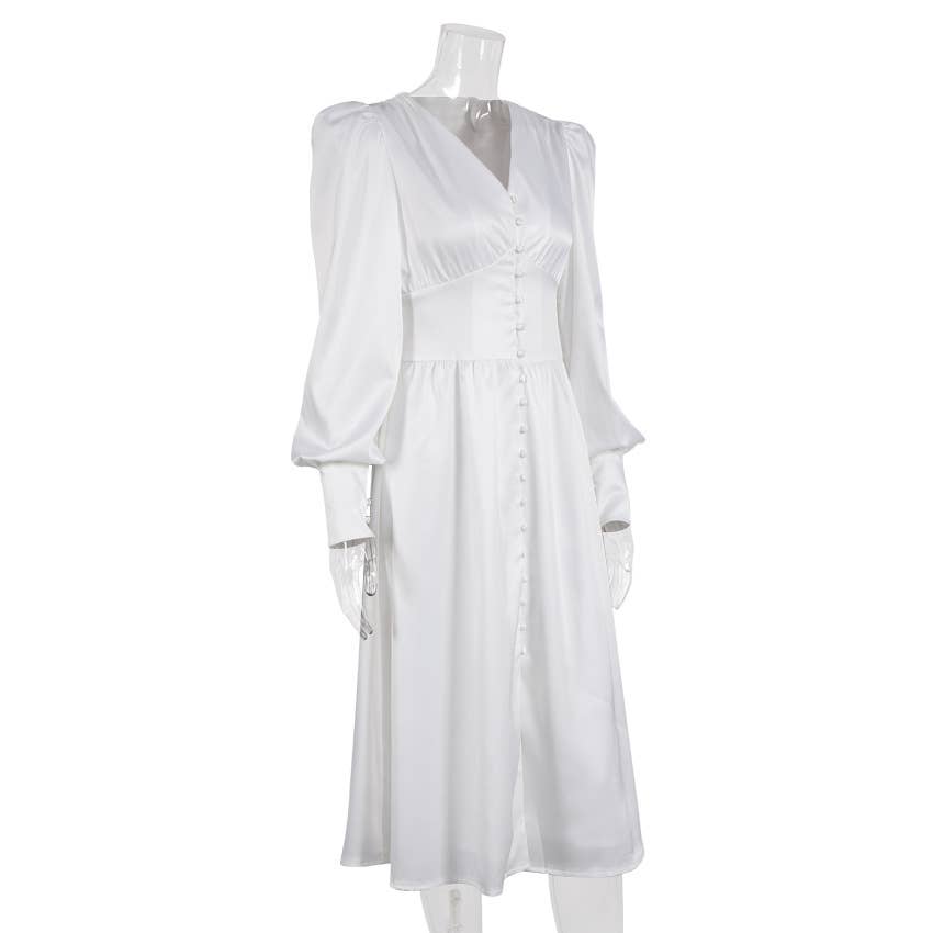 CWDMD4167_VINTAGE SATIN COURT DRESS WITH WAIST AND V-NECK