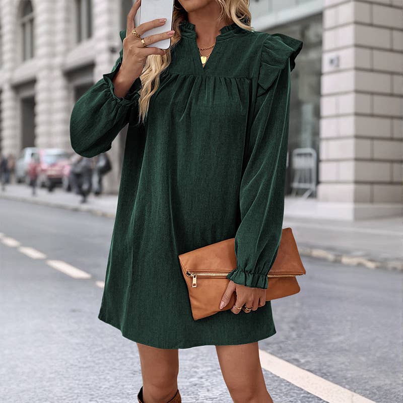 Solid-color ruffled loose stand-up collar dress