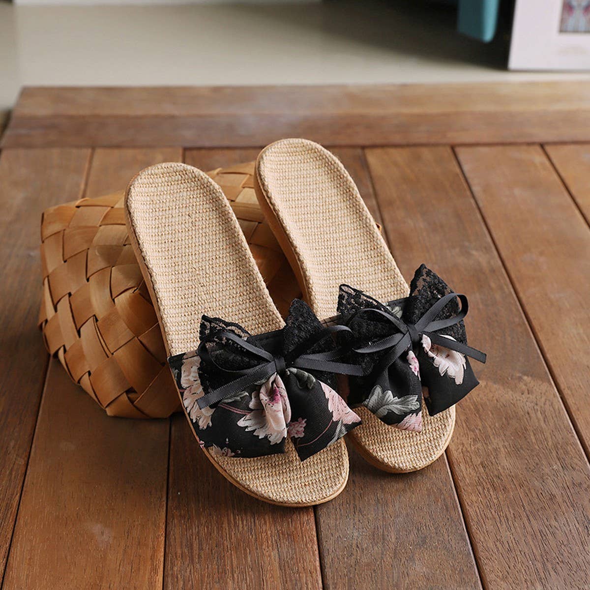 Cute Bow Linen Slippers for Home & Office