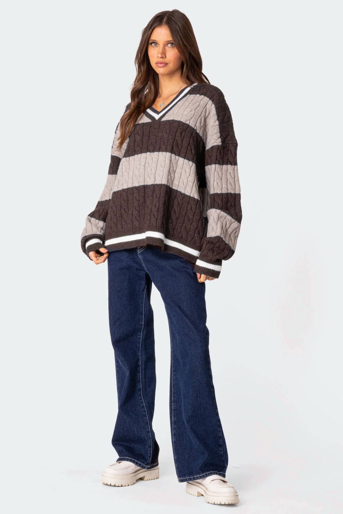V-neck striped color matching loose sweater