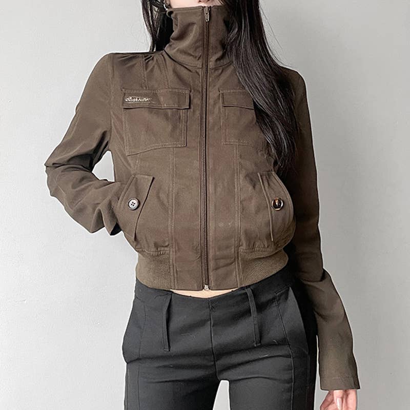 VINTAGE CARGO STYLE ZIP-UP LAPEL SHORT JACKET