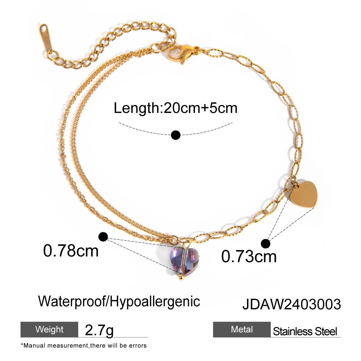 Elegant Purple Heart Anklet, Double Chain 18K Gold