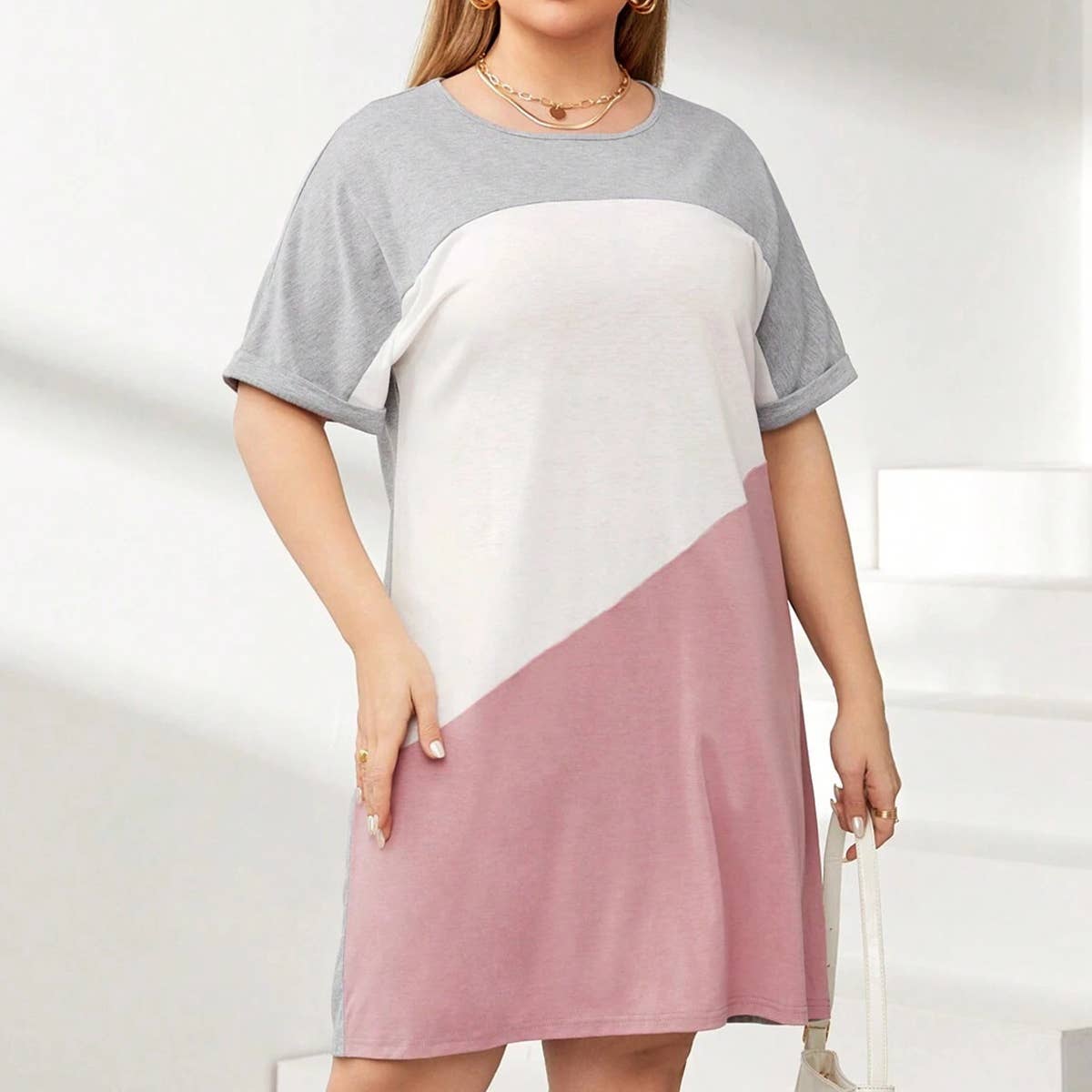 PATCHWORK CONTRASTING LOOSE SOLID COLOR DRESS