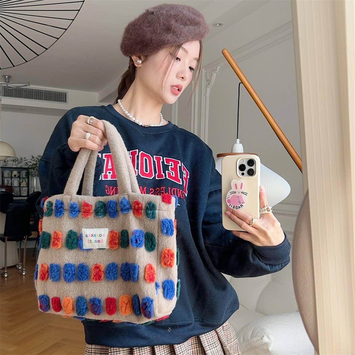 CWAB3896_PLUSH CROSSBODY HANDBAG SHOULDER BUCKET BAG