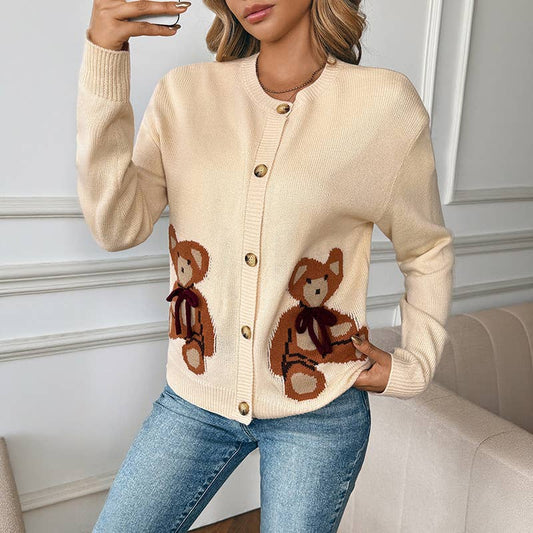 Simple bear jacquard knitted cardigan