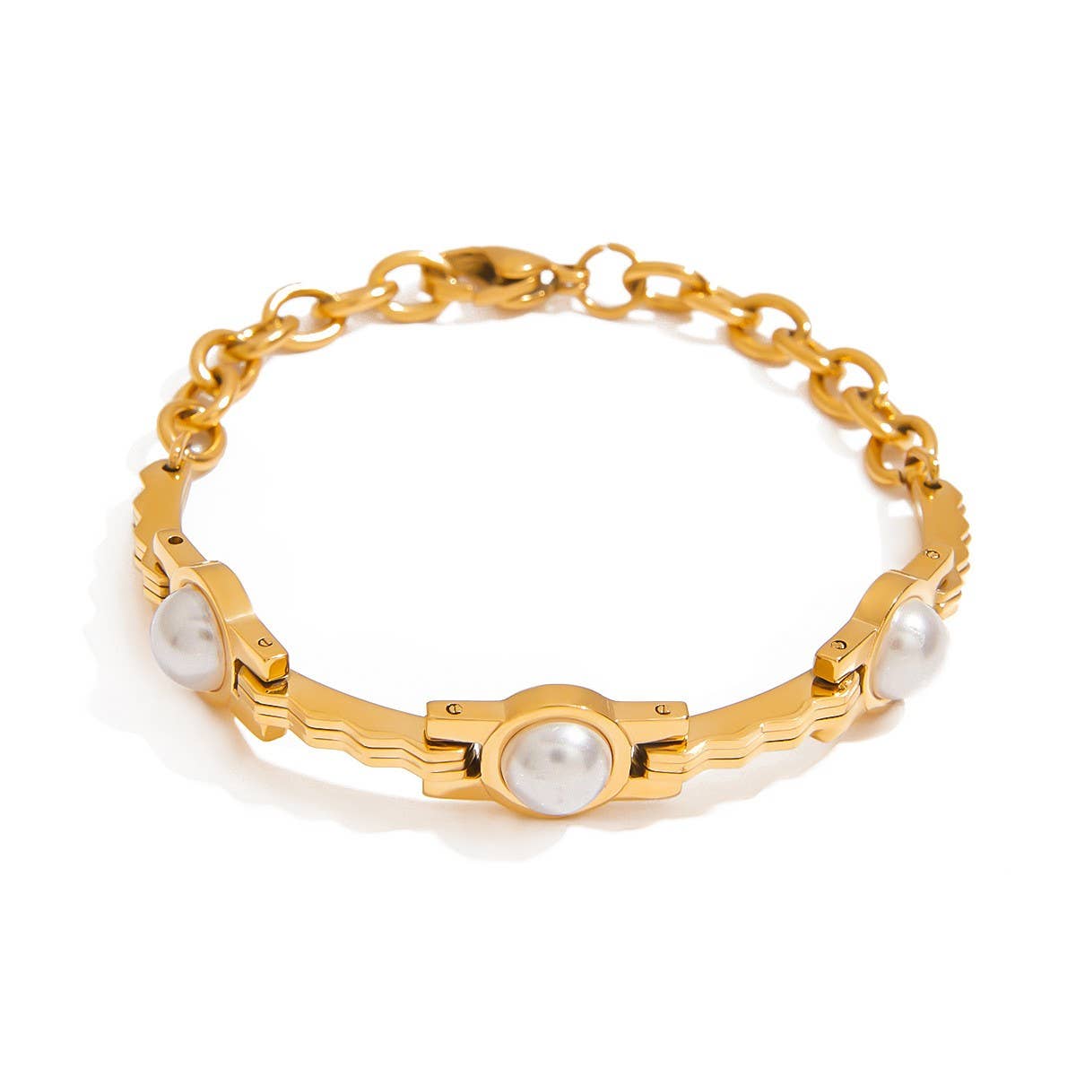 Elegant Pearl Chain Bracelet, Gold-Plated Steel
