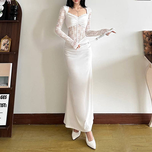 LACE PATCHWORK DESIGN HOLLOW SLIM DRESS