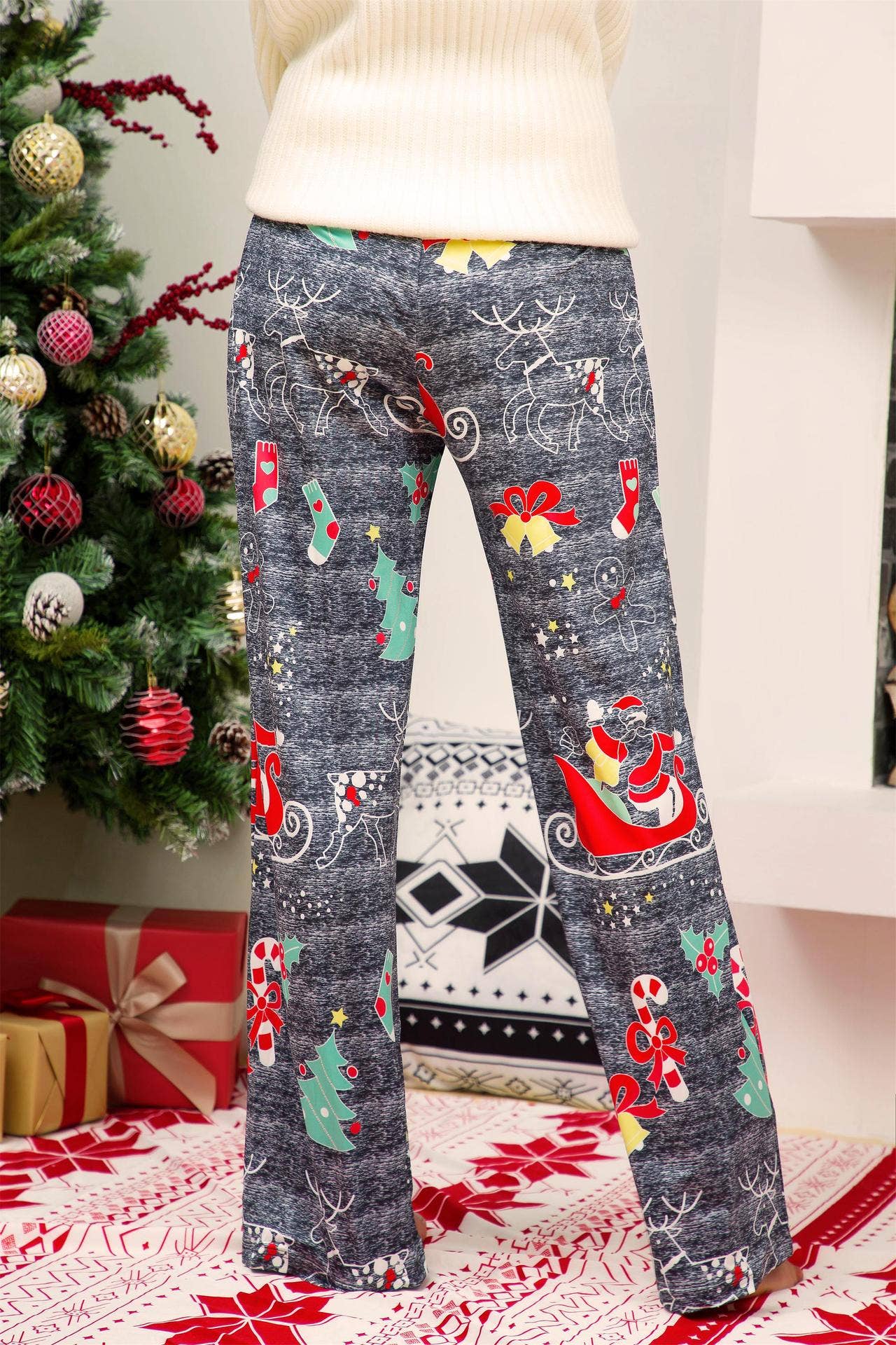 Christmas print patchwork lace-up wide-leg pants