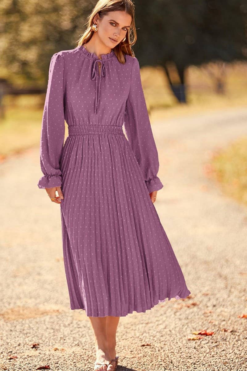 CWDMD4715_V-NECK POLKA DOT PLEATED FLOWY MAXI DRESS